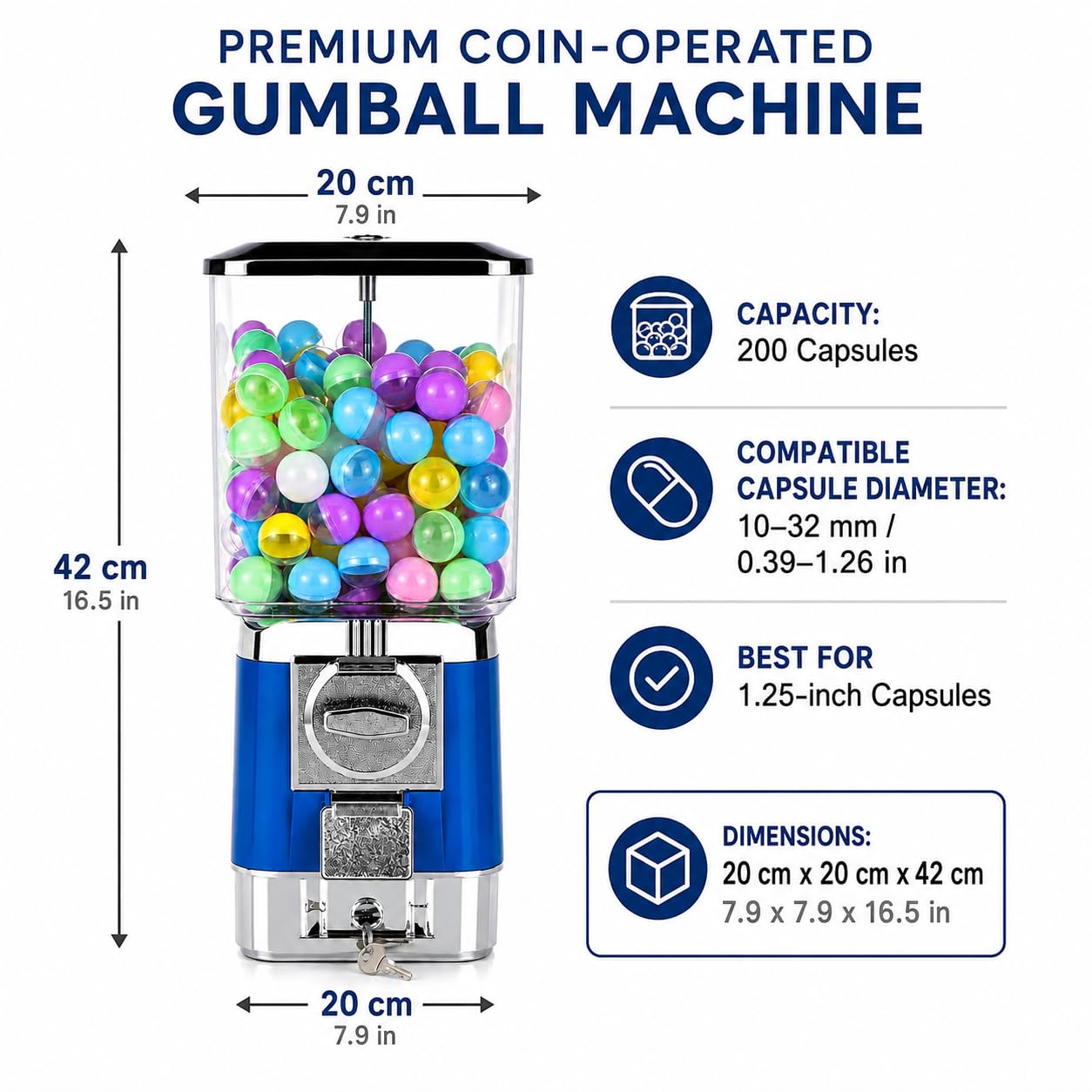 Niebieska maszyna Gumball z dozownikiem cukierków na żetony 200 kapsułek