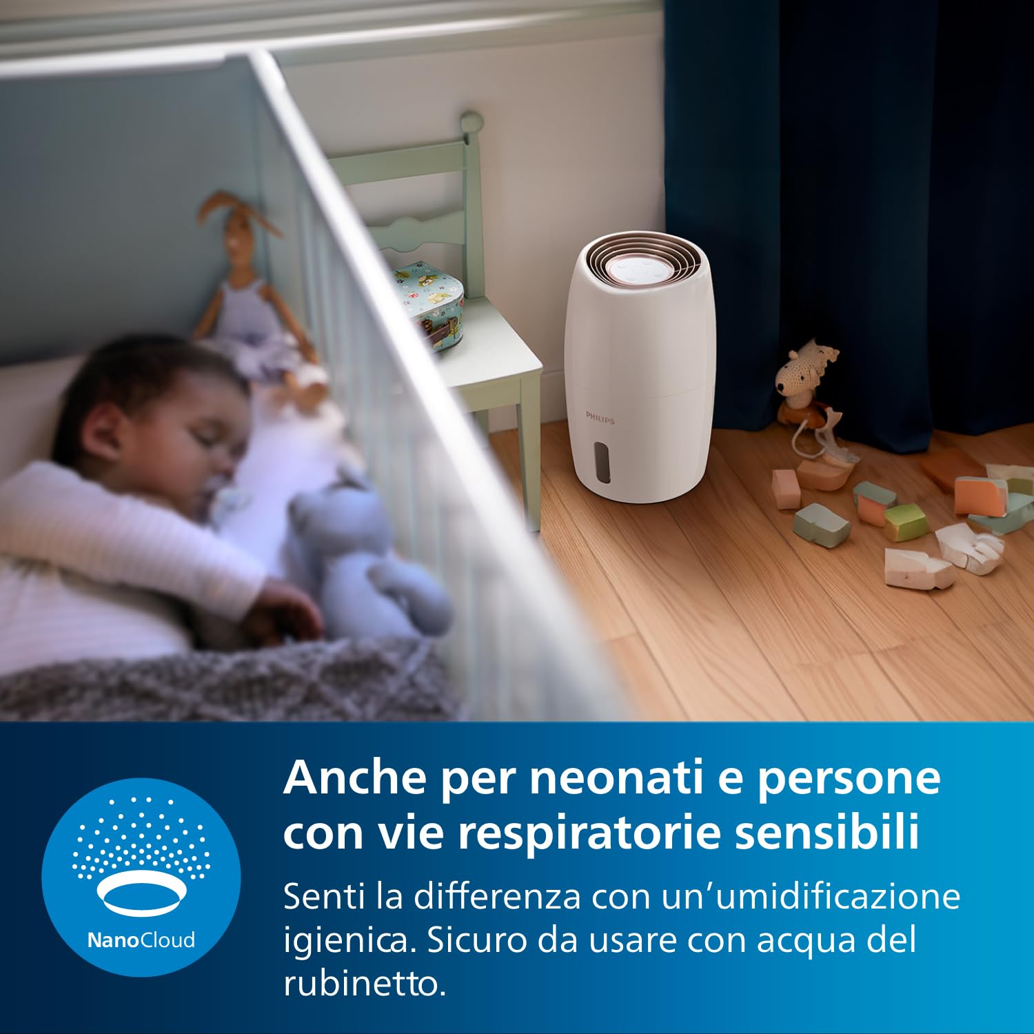 Philips 2000 Series Umidificatore D'aria - 32m² Umidificatore d'ambiente, NanoCloud, 3 Velocità, Modalità Sleep, Serbatoio 2 litri (HU2716/10)