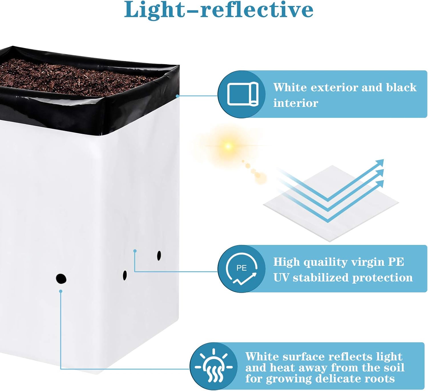 iPower GLGROWBAGFILM1X50 50-Pack 1 Gallon Black and White Grow Bags Panda Film Containers for Plants, Seedling and Rooting, Square Shape - Image 3