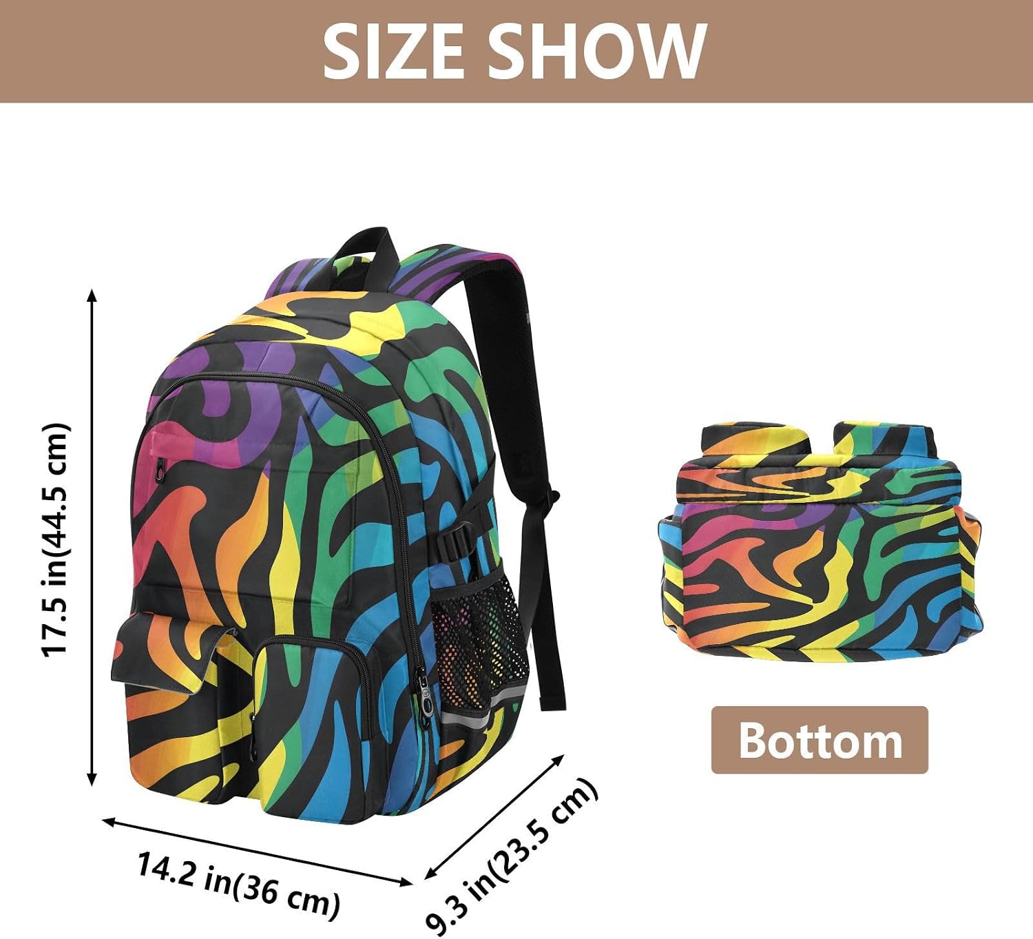 Student Laptop Backpack, Rainbow Animal Zebra Print 30L Travel Daypack for Teens College, Casual School Shoulder Bag for Women Men Boys Girls, Fits 14 inch Laptop image 3