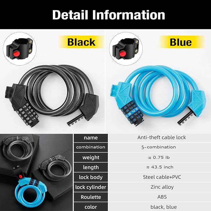 Candado de cable para bicicleta con soporte azul 4 pies miniatura 3