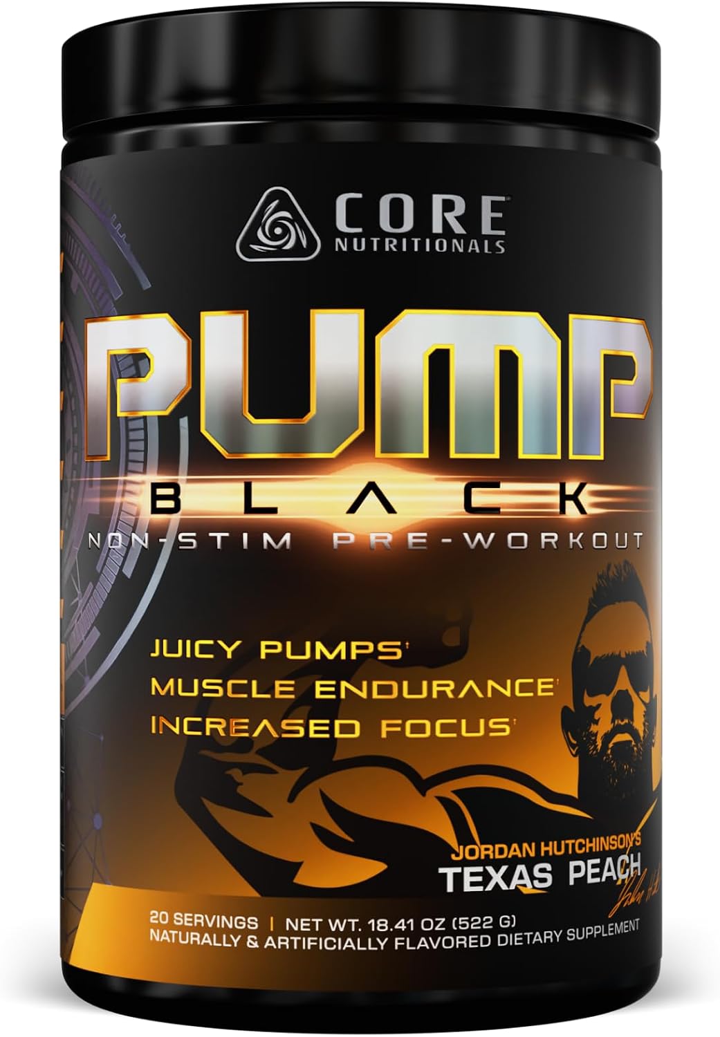 Core Nutritionals Pump Black Non-Stim Pre-Workout | Citrulline, Beta-Alanine, Betaine Nitrate & PeptiPump | Supports Muscle Pumps, Endurance & Focus | 20 Servings (Texas Peach)