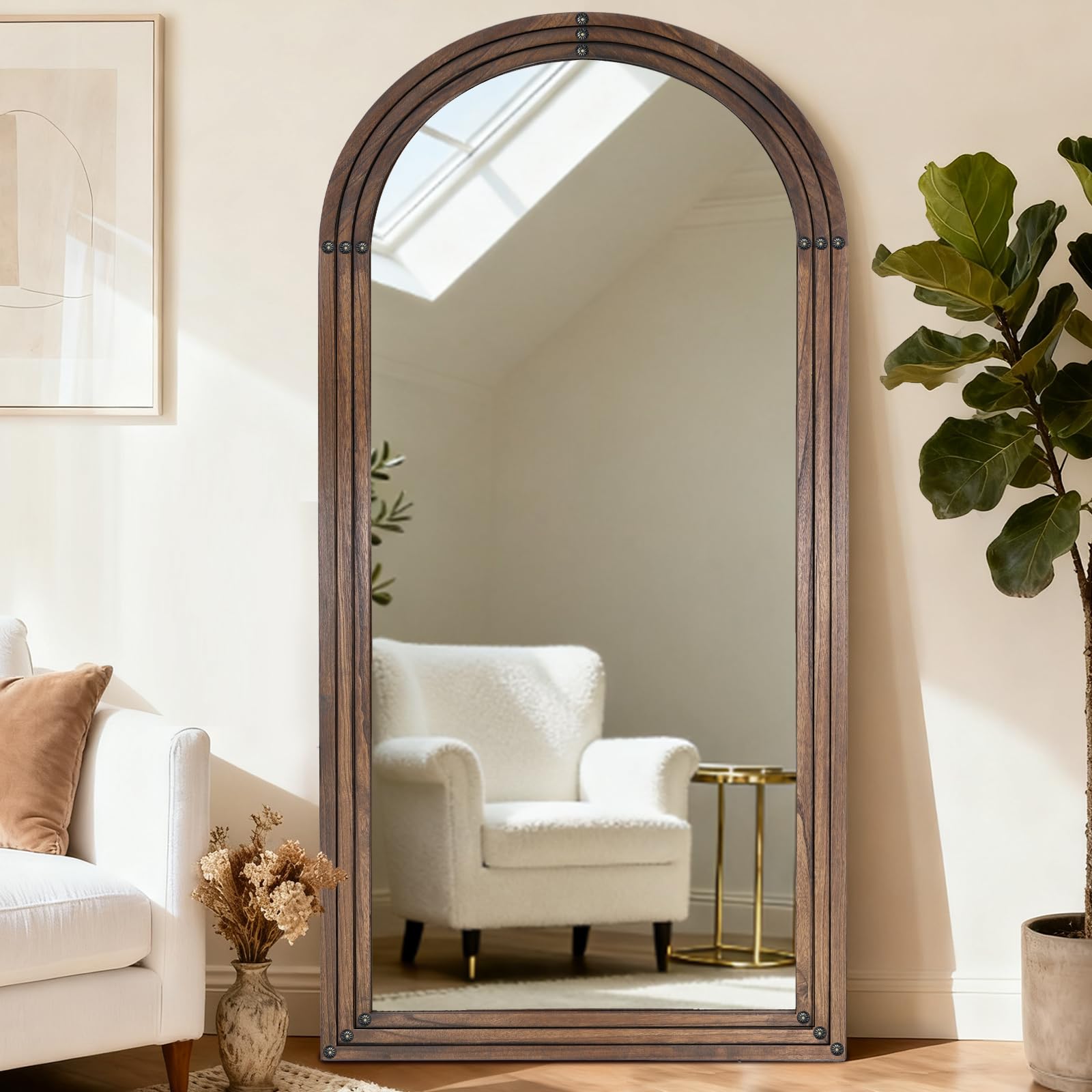 Photo 1 of ****** WOOD FRRAME CRACKED AND CHIPPED **** LXWZHK Full Length Mirror 76"x34" Arched Solid Wood Frame Floor Standing Mirror, Hanging or Leaning Wall-Mounted for Living Room, Bedroom, Brown