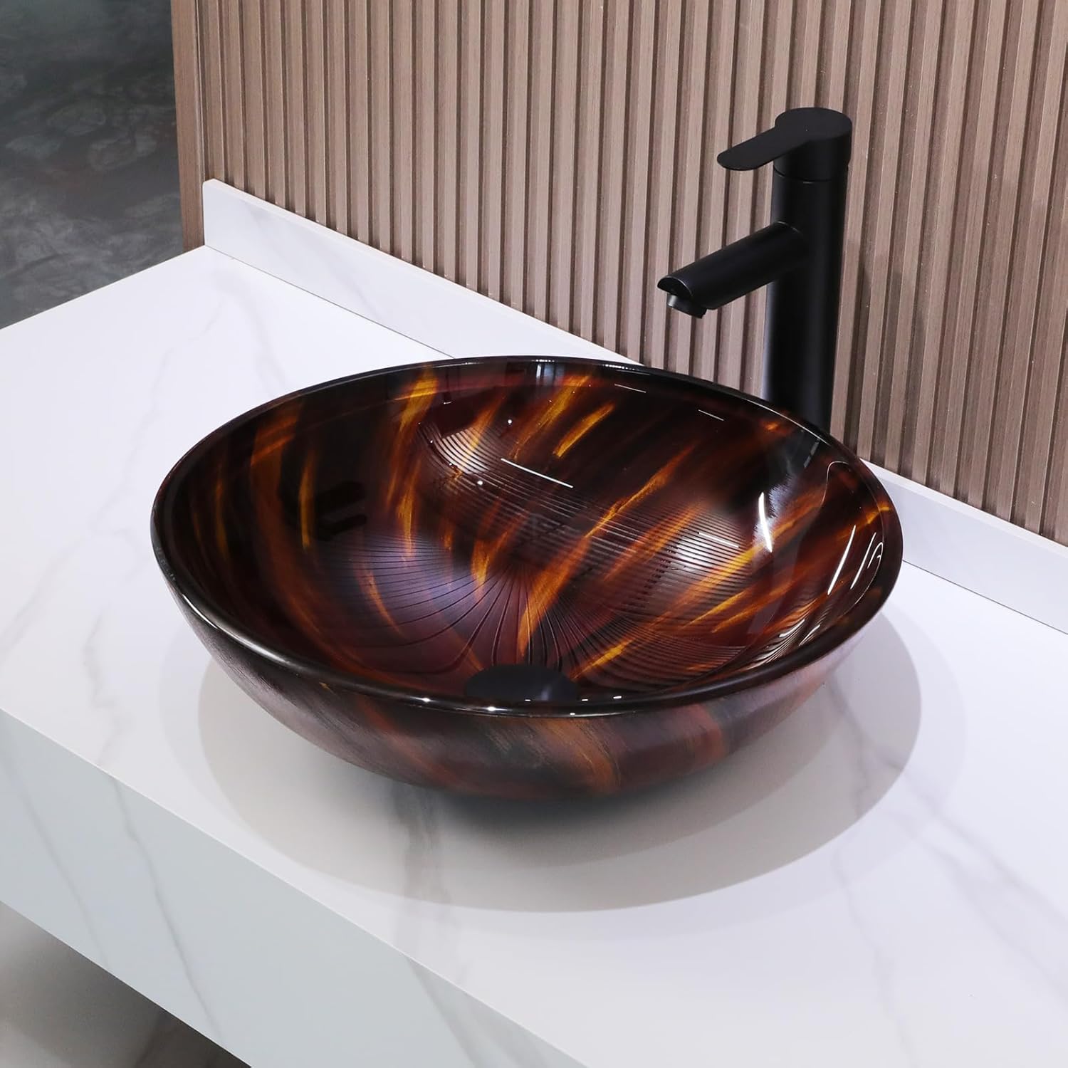 Mocoloo Round Glass Vessel Sink, 16x16 Inch Bathroom Sink Amber Tempered Glass Bathroom Vanity Sink with Pop-Up Drain Above Counter Basin Bowl