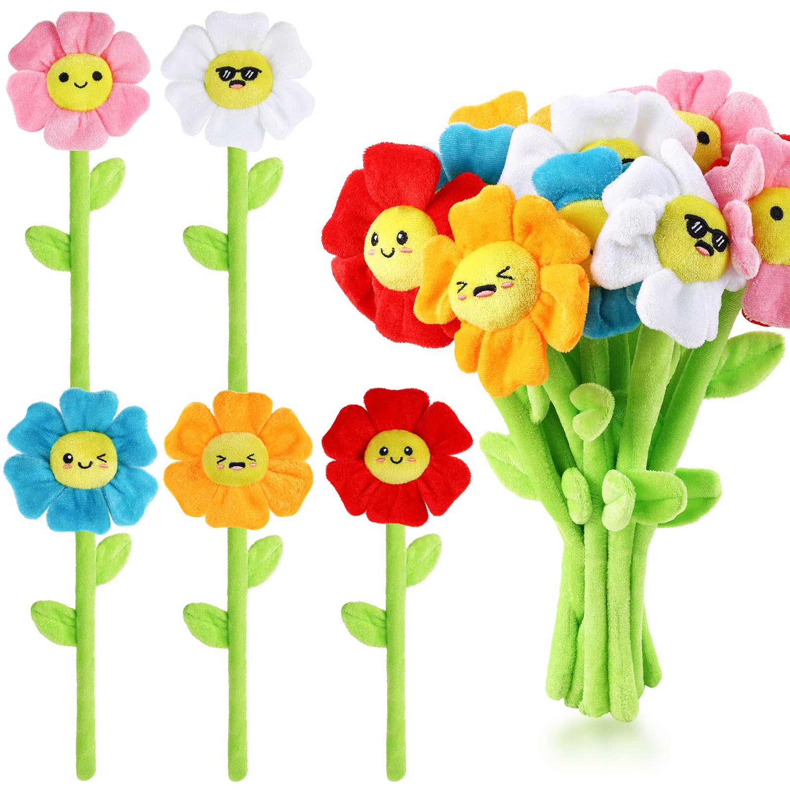 ZJoey 10 Pcs Plush Smile Flower Stuffed Bendable Stems Plush Bouquet Toy Soft Flower 12.6 Inch for Christmas 2026 Mother's Day Girl Girlfriend Wife(