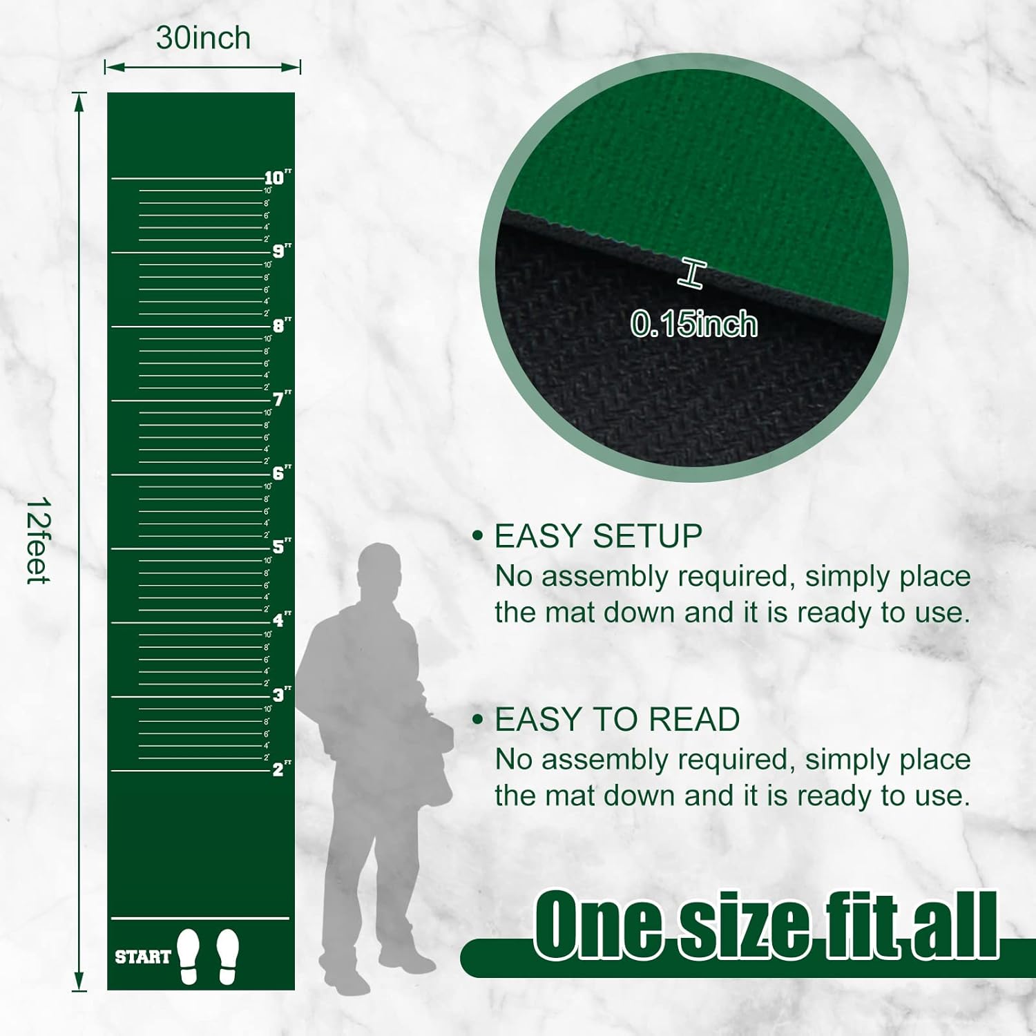 Woanger 12 x 2.5 Ft Long Jump Mat Green Sports Broad Jump Measurement Mat Hash Marks Carpeted Non Slip for Gym School Home Flooring Exercise Workout Training