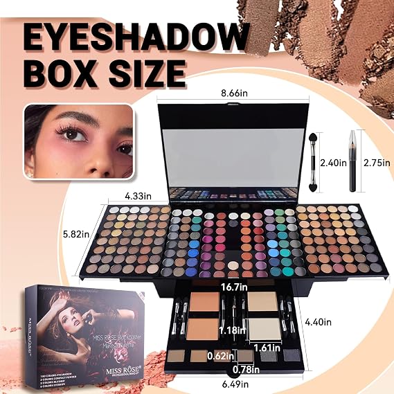 Professional Makeup Set for Women, All In One Makeup Gift Set for Teens, 180 Color Eyeshadow Palette 2 Blush 2 Powder 1 Eyeliner 4 Eyebrow, Make Up Sets with Matte Shimmer Mixing Pallet Eye Shadow