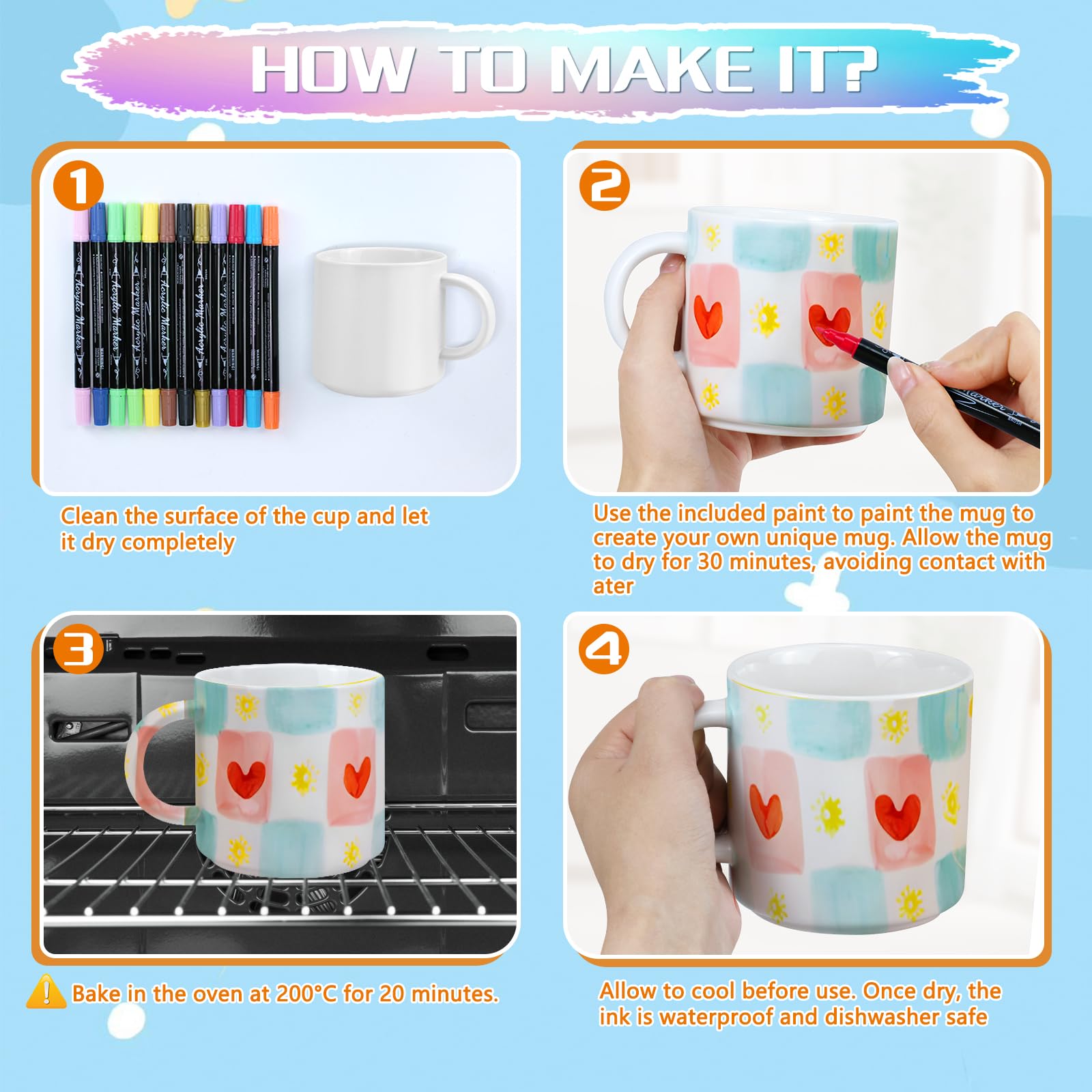 Keramik Bemalen Set - Tassen Bemalen Set (Enthält 2 Tasse, 12 Keramikmarkierungen, Aufbewahrungstasche, Malinspiration) - Tasse Bemalen Malset, Kreative Geschenke für Erwachsene