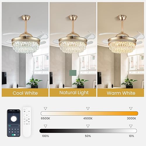 Miniatura 5 de Jenvkoil Ventilador de techo de cristal con luz de 42 pulgadas, ventilador de araña moderno, 6 velocidades, ventiladores de techo retráctiles con