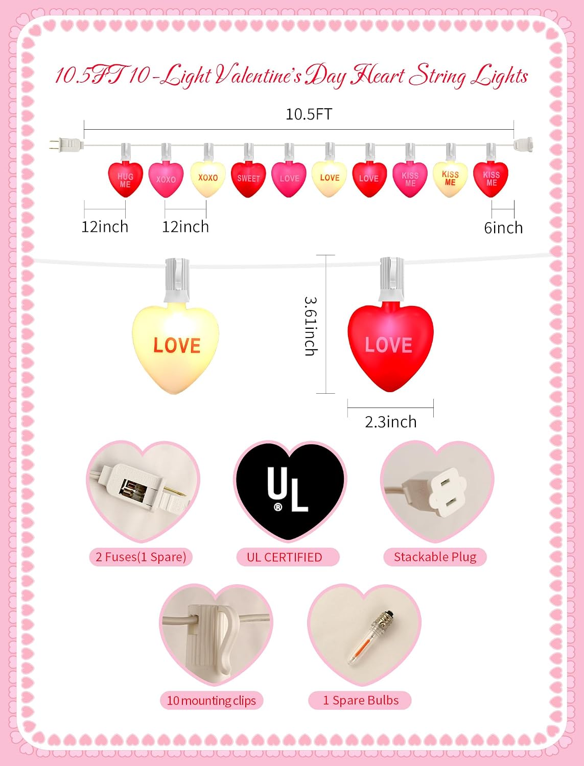 10.5FT String Lights, 10 Ultra Bright Trili-Color Heart image 2