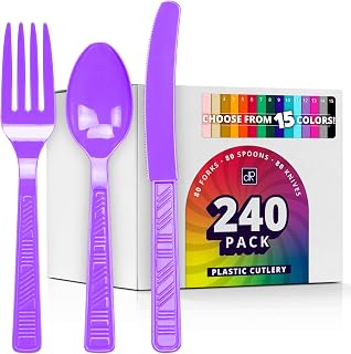 DecorRack 240 Piece Plastic Cutlery Set, Heavy Duty Silverware, Purple