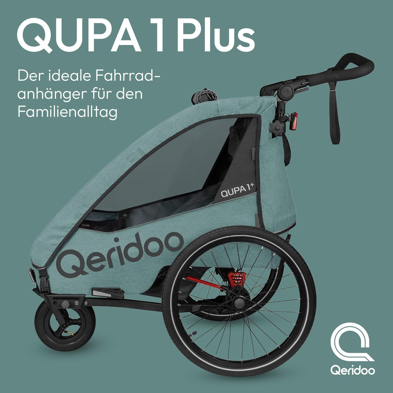 Qeridoo QUPA 1 Plus Mineral Blue |Fahrradanhänger 1 Kind mit Federung & 3-in-1-Verdeck |Kinderfahrradanhänger & Jogger Kinderwagen | Faltbarer Fahrrad Anhänger Kinder |Sicher & Komfortabel im Alltag