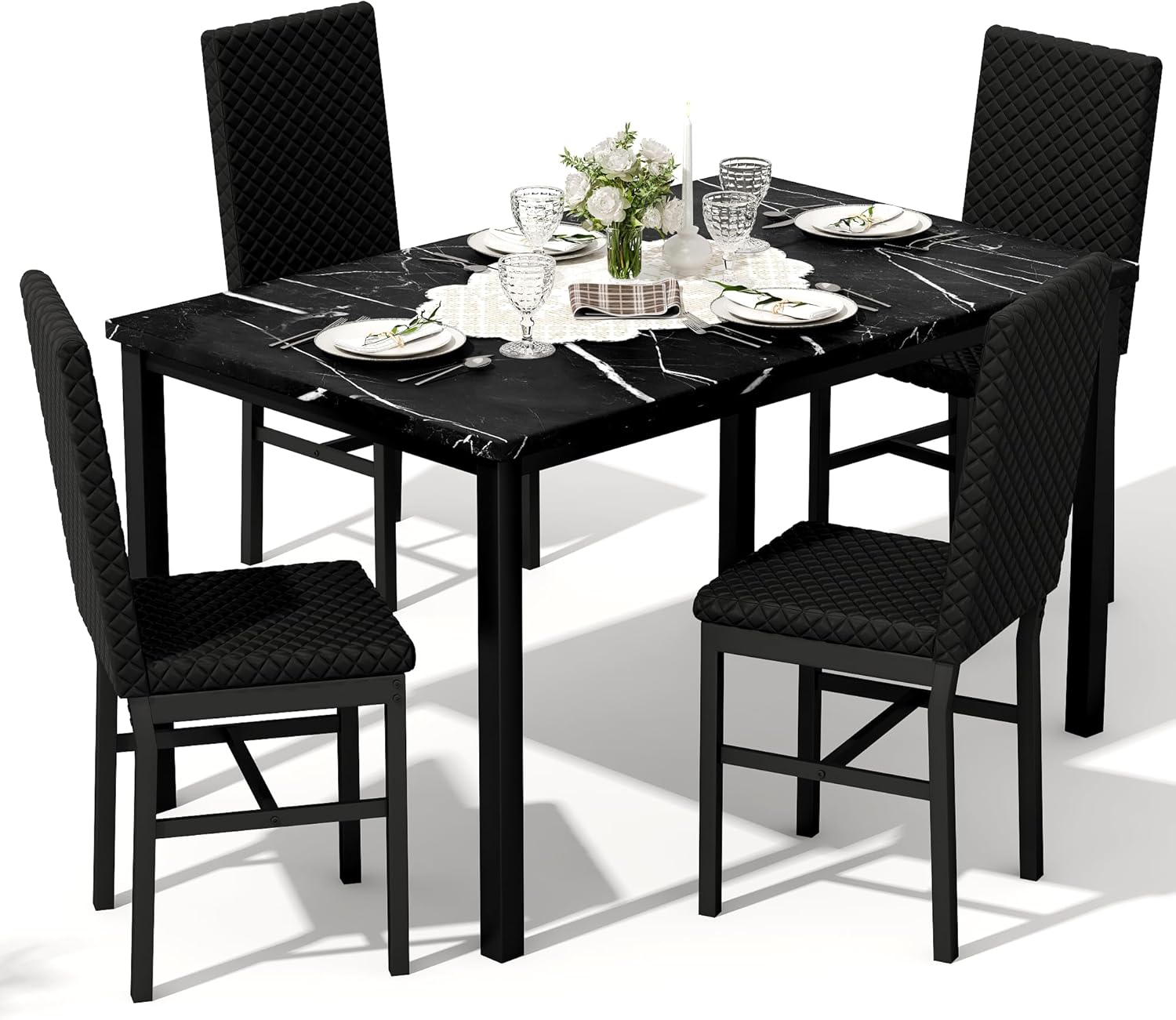 Recaceik Dining Table Set for 4, Kitchen Table and Chairs Set of 4 Modern Faux Marble Dinner Tabletop with Upholstered PU Leather Chairs for Apartment Small Space