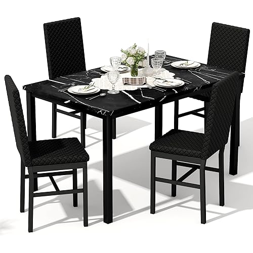 Recaceik Dining Table Set for 4, Kitchen Table and Chairs Set of 4 Modern Faux Marble Dinner Tabletop with Upholstered PU Leather Chairs for Apartment Small Space