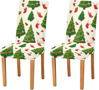 2 Pcs Christmas Elements Milk Silk Dining Chair Covers, Highly Elastic Removable Washable Chairs Slipcovers for Armless Chairs Soft Stretch Chair Cover for Kitchen Home, Hotel, Banquet Decor