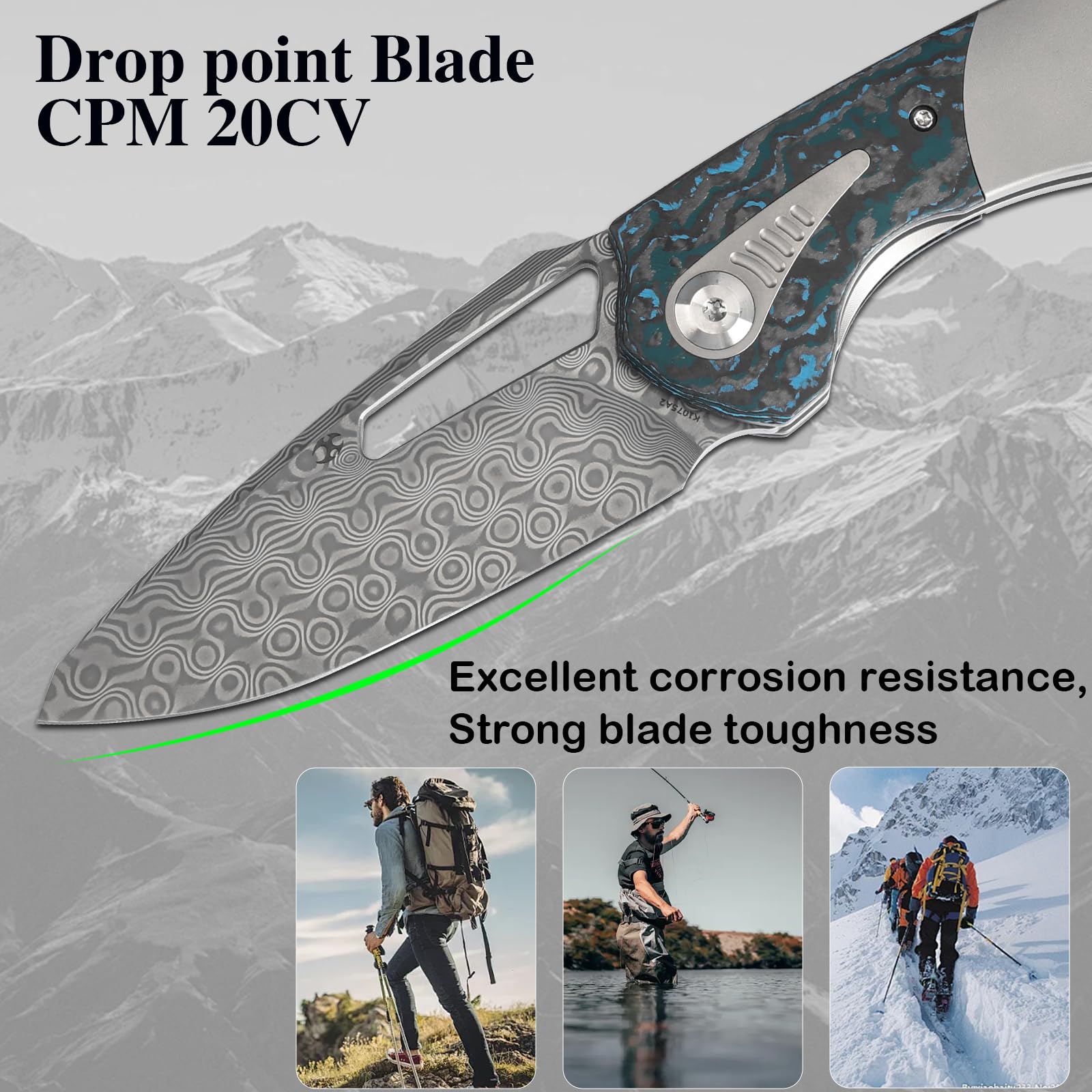 KANSEPT Thoth Camping Pocket Knives for Men 8.05in Folding Pocket Knives with 3.43in Damascus Material and Bead Blasted Titanium + Arctic Storm Fatcarbon Handle for Outdoor,Tactical,Survival K1075A2