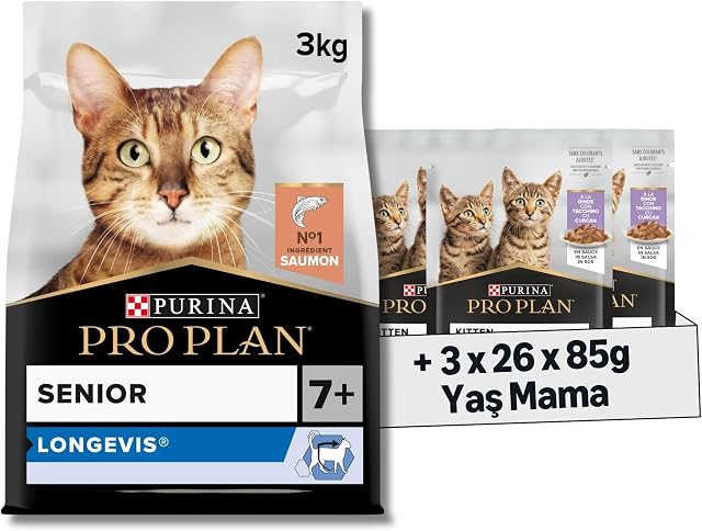 Pro Plan Original Senior Somonlu Kuru Kedi Maması 3 kg + Purina Pro Plan Healthy Start Sos İçinde Hindi Etli Yavru Kedi Maması 85gr Pouch x 26 Adet x 3 Adet — Amazon ürün görseli