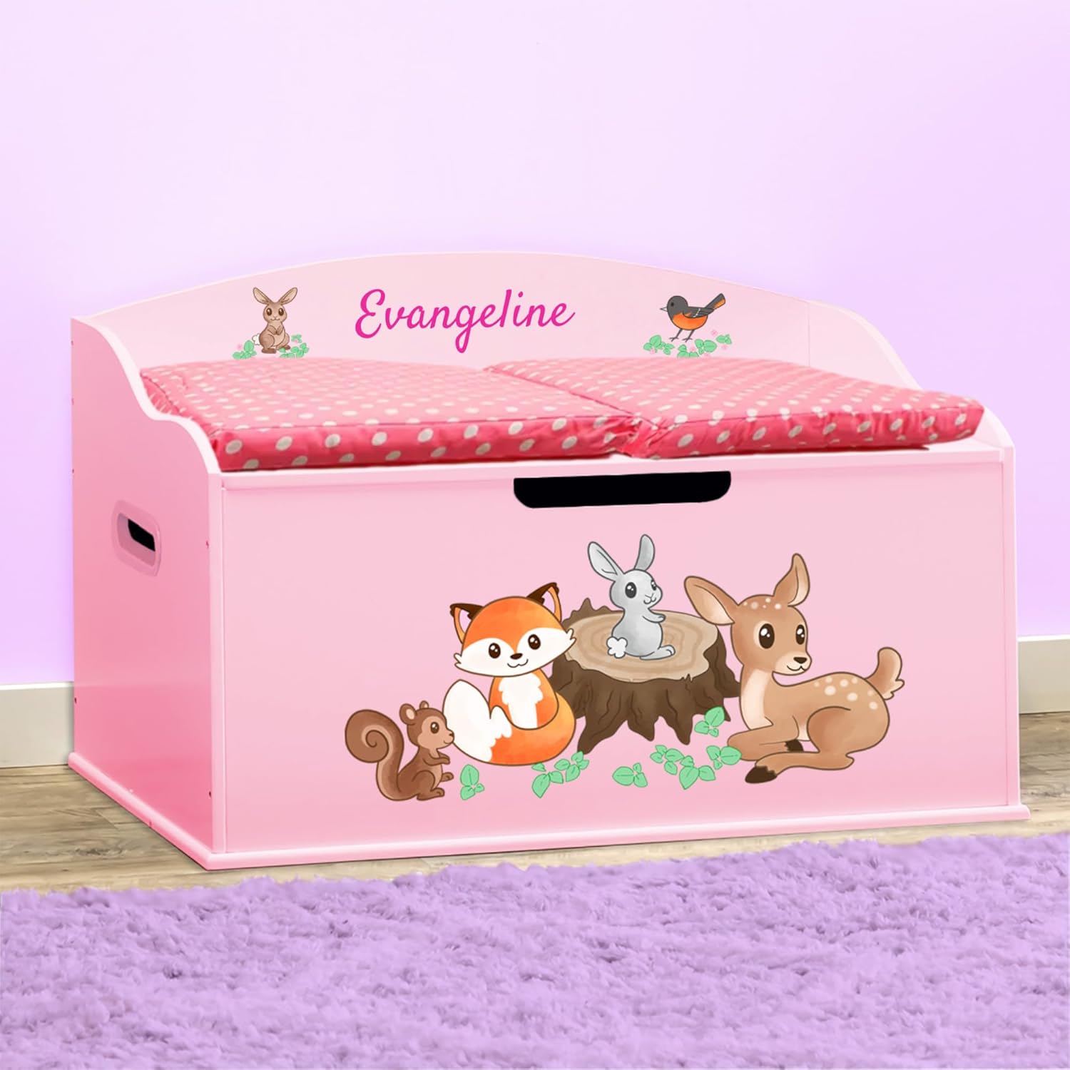 DIBSIES Personalized Creative Wonders Toy Box, Woodland Creatures, 30 x 19.25 x 18 inches, Soft-Close Lid (White)