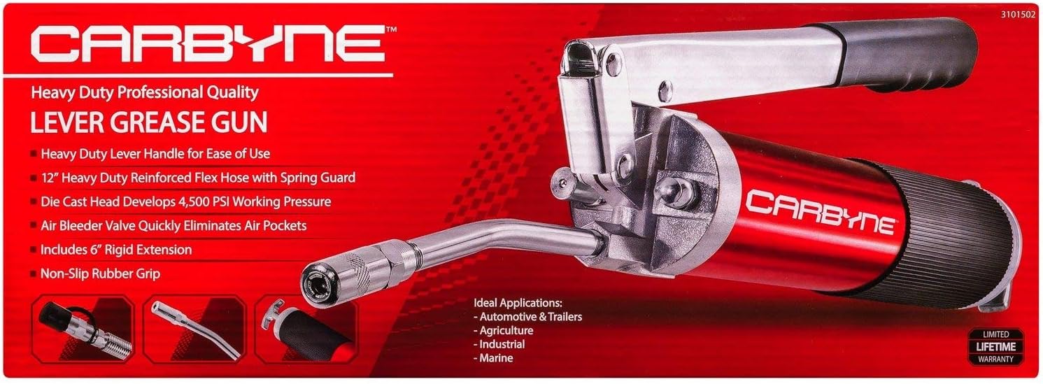 Carbyne Grease Gun, Lever Handle, Anodized Aluminum Barrel, 3-Way Loading, 12 in. Flex Hose, 6 in. Rigid Extension, Coupler, for Zerk Fittings