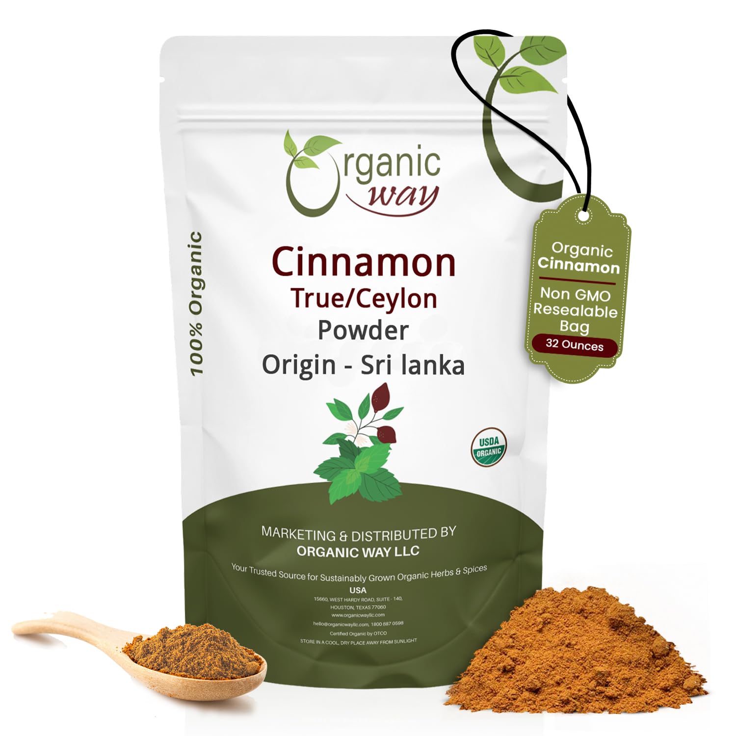 Organic Way True Ceylon Cinnamon Powder | Organic & Kosher Certified | Raw, Vega, Non-GMO & Gluten Free | Freshly Grounded Premium Cinnamon | Resealable Bag | Origin-Sri Lanka (2LBS / 32Oz.)