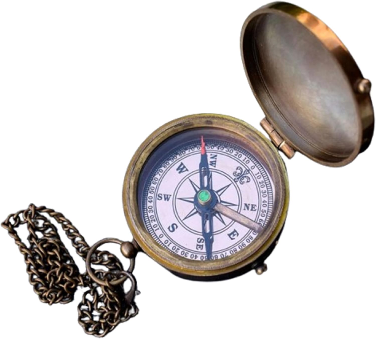 Antique Brass Poem Engraved Compass with Chainmail 2.5 Inches Push Open Pocket Compass for Navigation Traveling Camping Hiking Tool