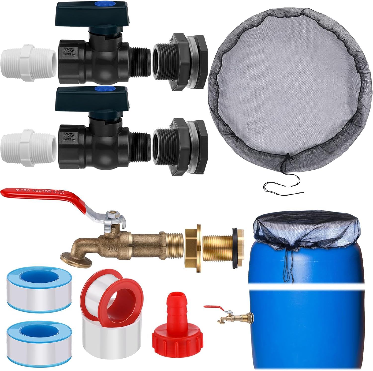 Tujoe 4 Set Rain Barrel Adapter Kit, Mesh Cover with