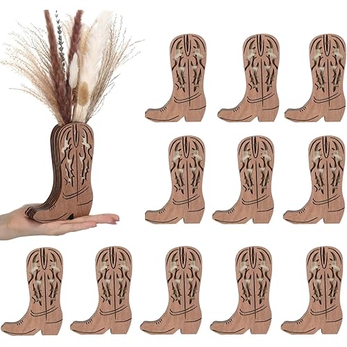 LemonRoad Wooden Cowboy Boot Vases for Wedding Small Cowboy Boot Flower Vase for Flower Faux Greenery Rustic Western Decor for Table Centerpiece Weddings Party(Classic,Brown,12 Pcs)