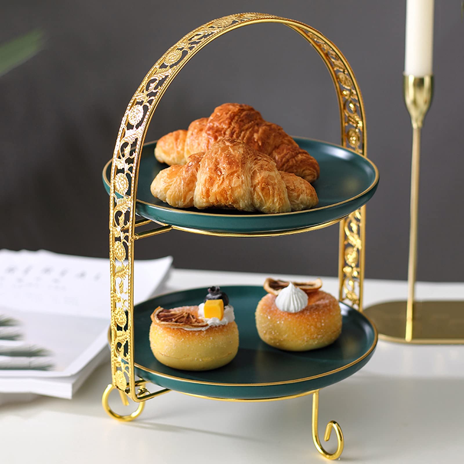 Présentoir à Gâteau Stand de gâteau en céramique Table de desserts à deux niveaux avec poignée Poignée de gâteau polyvalent for mariages, fêtes de thé, anniversaires (vert / blanc) Support à Gâteau (