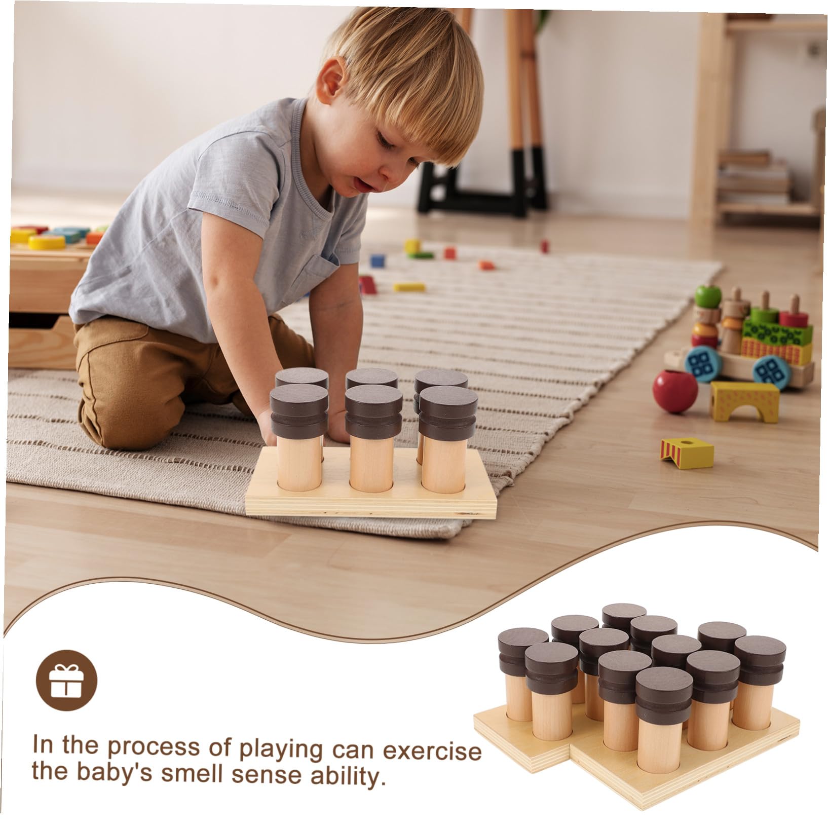 Gioco Montessori Olfattivo in Legno con Bordi Lisci, Set Sensoriale Creativo per Sviluppo Cognitivo e Gioco Educativo la Prima Età