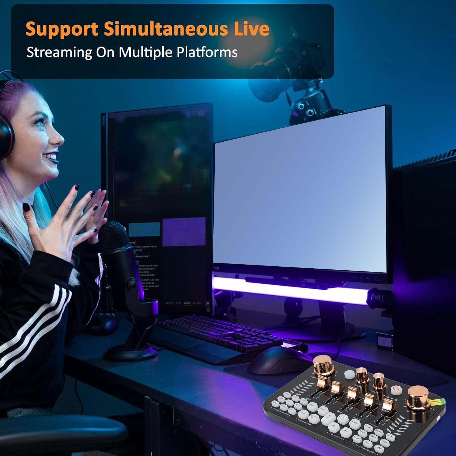 Tarjeta de Sonido en, Mezclador de Audio para Juegos con Luces de Respiración, Interfaz USB Inalámbrica BT para Transmisión de Podcasting, Juegos, Teléfono, Computadora