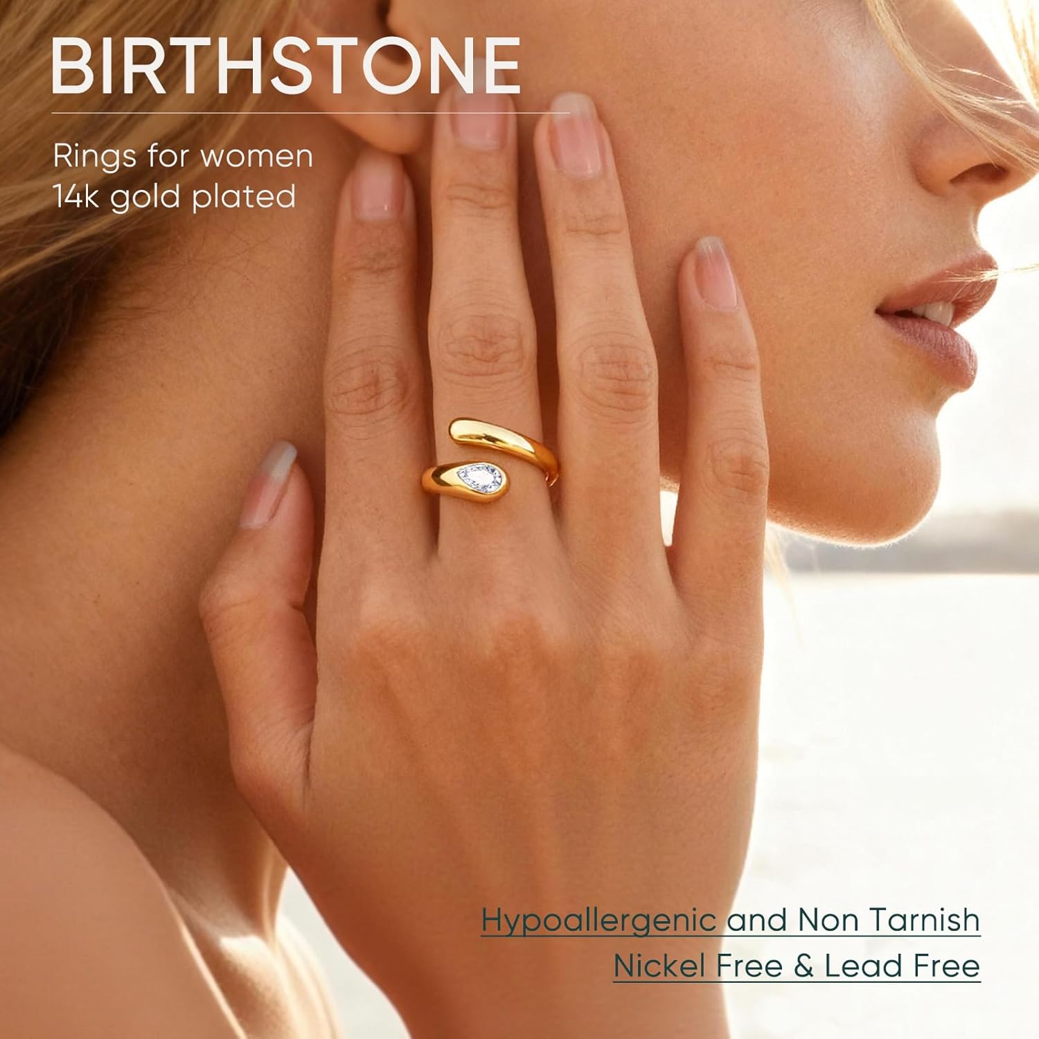 Goxygen Gold Chunky Ring for Women - 14k Gold Plated Adjustable Open Statement Rings Teardrop Cubic Zirconia Trendy Stackable Band Rings Jewelry Gifts for Her - Image 3