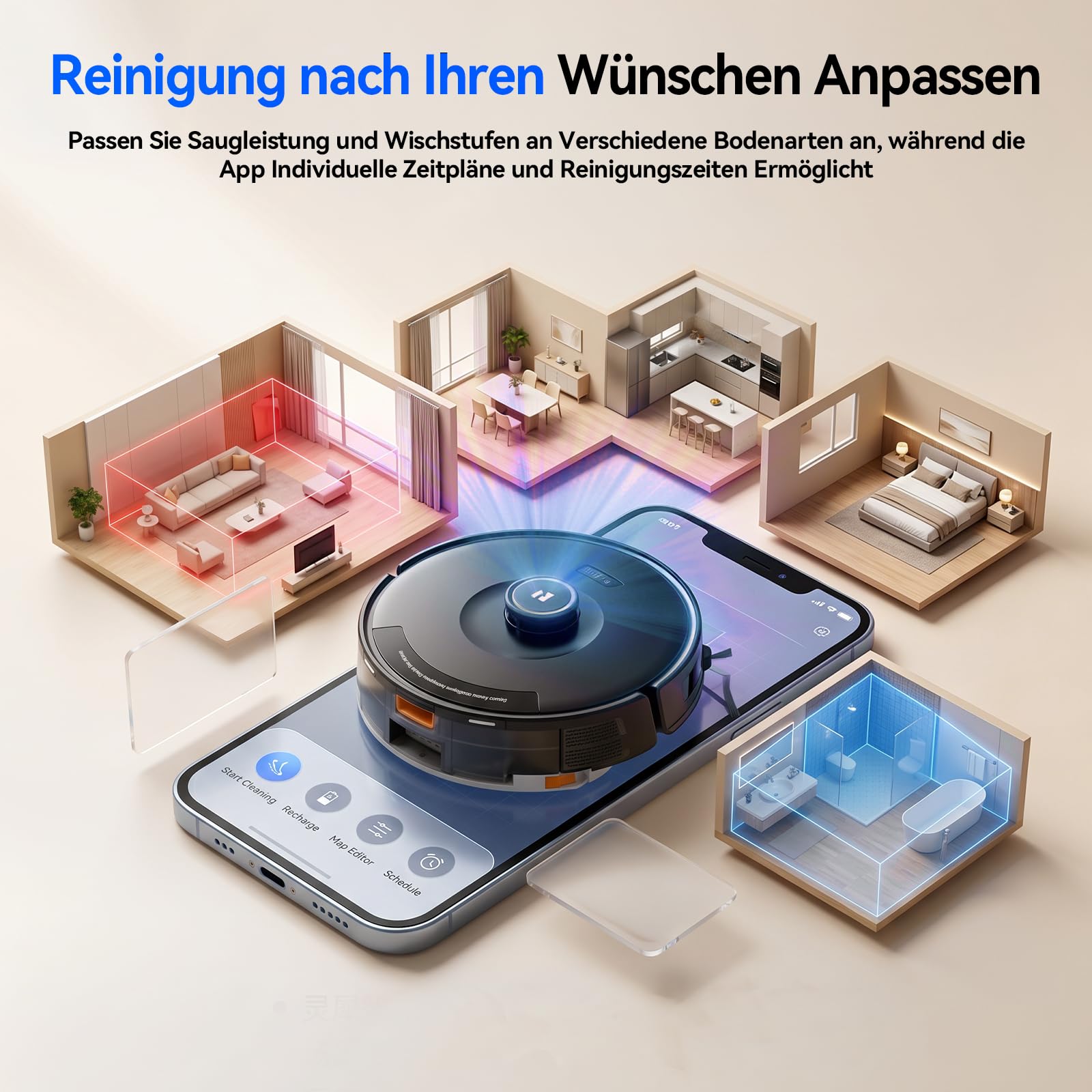 Redkey D8 Pro Saugroboter mit Wischfunktion, 38000Pa Saugroboter mit Absaugstation 4L, Anti-Haar-Verwicklung, LiDAR Navigation, 4-in-1 Saug und Wischroboter für Böden/Teppich/Tierhaare, APP Steuerung