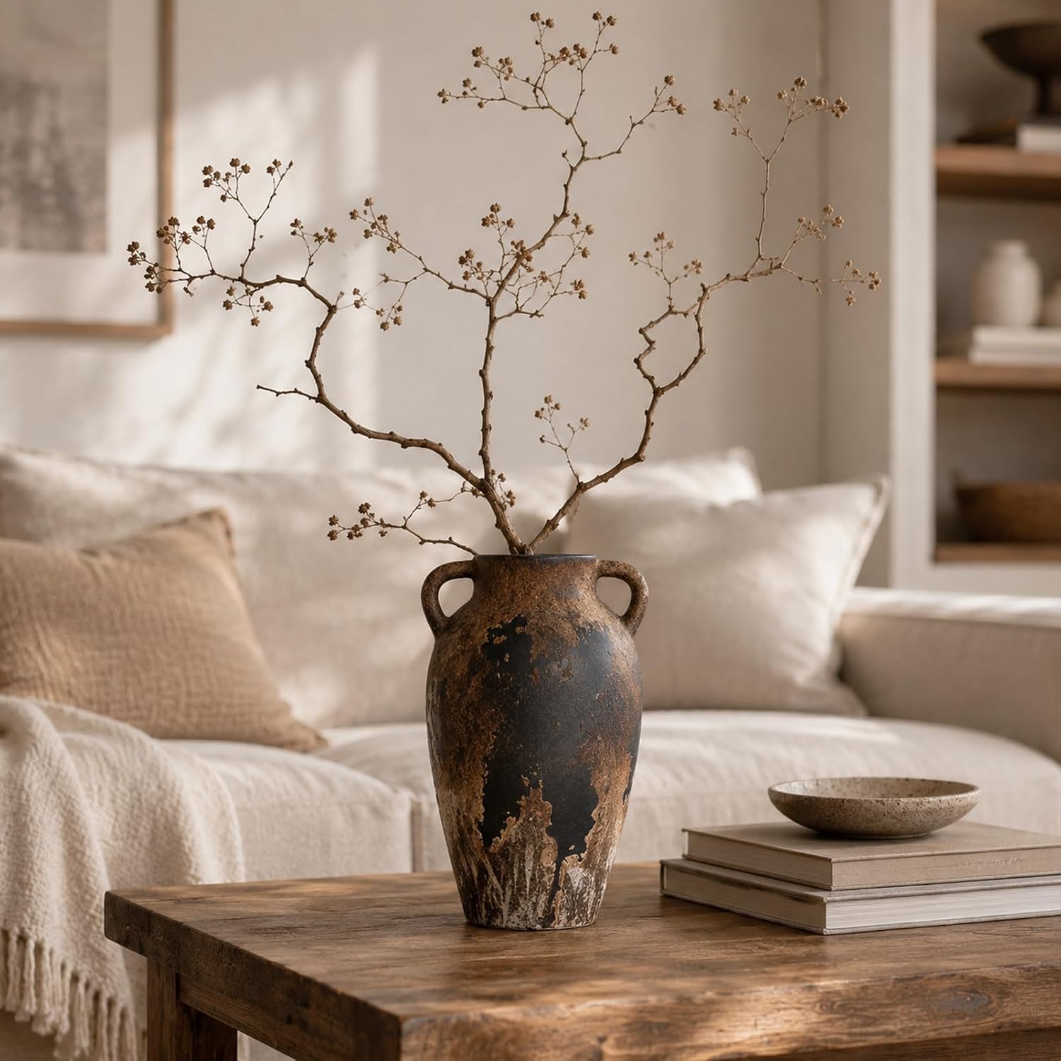 Wabi Sabi Vase, Brown Rustic Ceramic Vase for Home Decor, Vintage Amphora Pottery Vase, Rustic Farmhouse Decorative Vase for Shelf Console Coffee Table Entryway Mantel Curated Decor