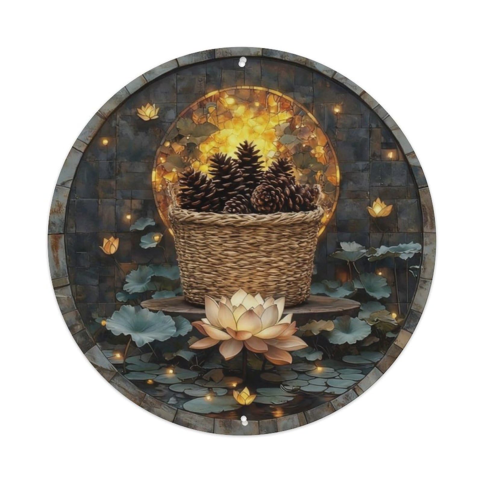Pine Cones Woven Basket Fall Metal Tin Sign Plaque