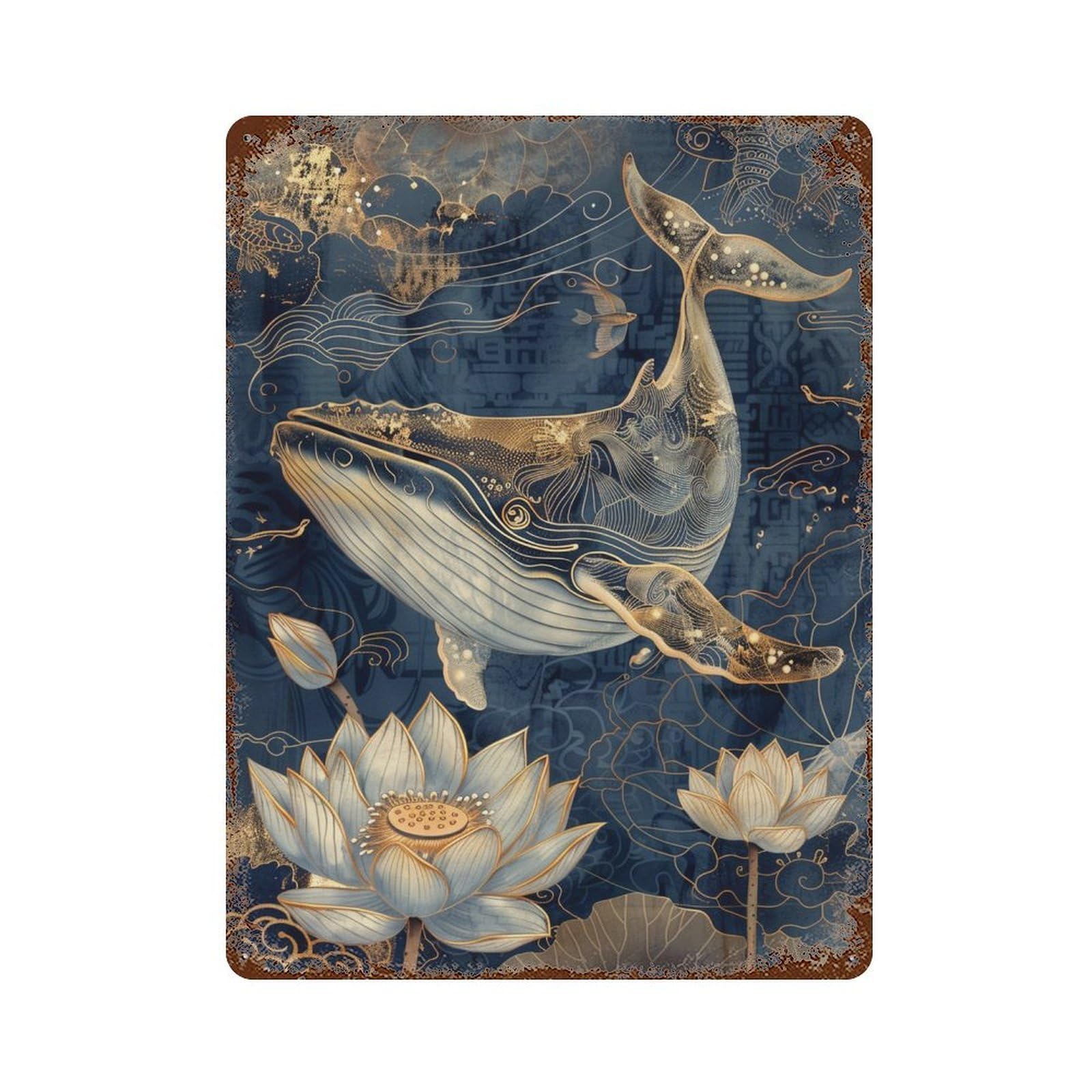 Rust Effect Whale Lotus Fantasy Artwork Aged Metal Wall Plaque 15.7"x11.8", Classic Wall Plaque for Basement, Hobby Room And Garage Decor