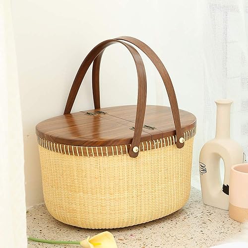 Miniatura 5 de Teng Tian Nantucket Basket Crafts - Cesta de picnic con tejido de caña sobre caña, cesta de compras, cesta de almacenamiento, dos asas oscilantes