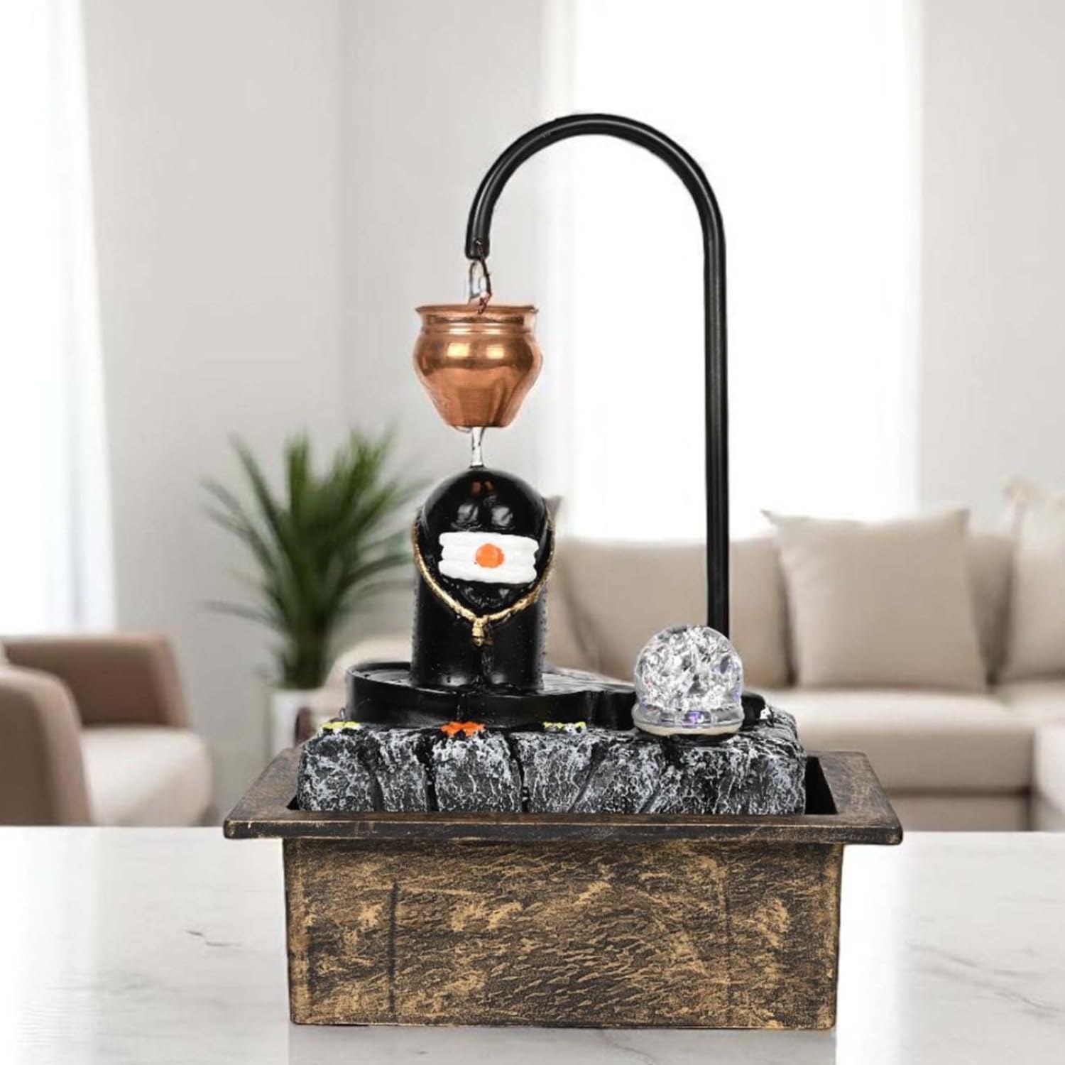 Bianco Shivling Water Fountain with Real Copper Kalash Drip & LED Crystal Ball 19 Inch | Polyresin Table-Top Indoor Waterfall for Home Décor, Vastu, Meditation & Gifts | Silent Electric Pump-image-27