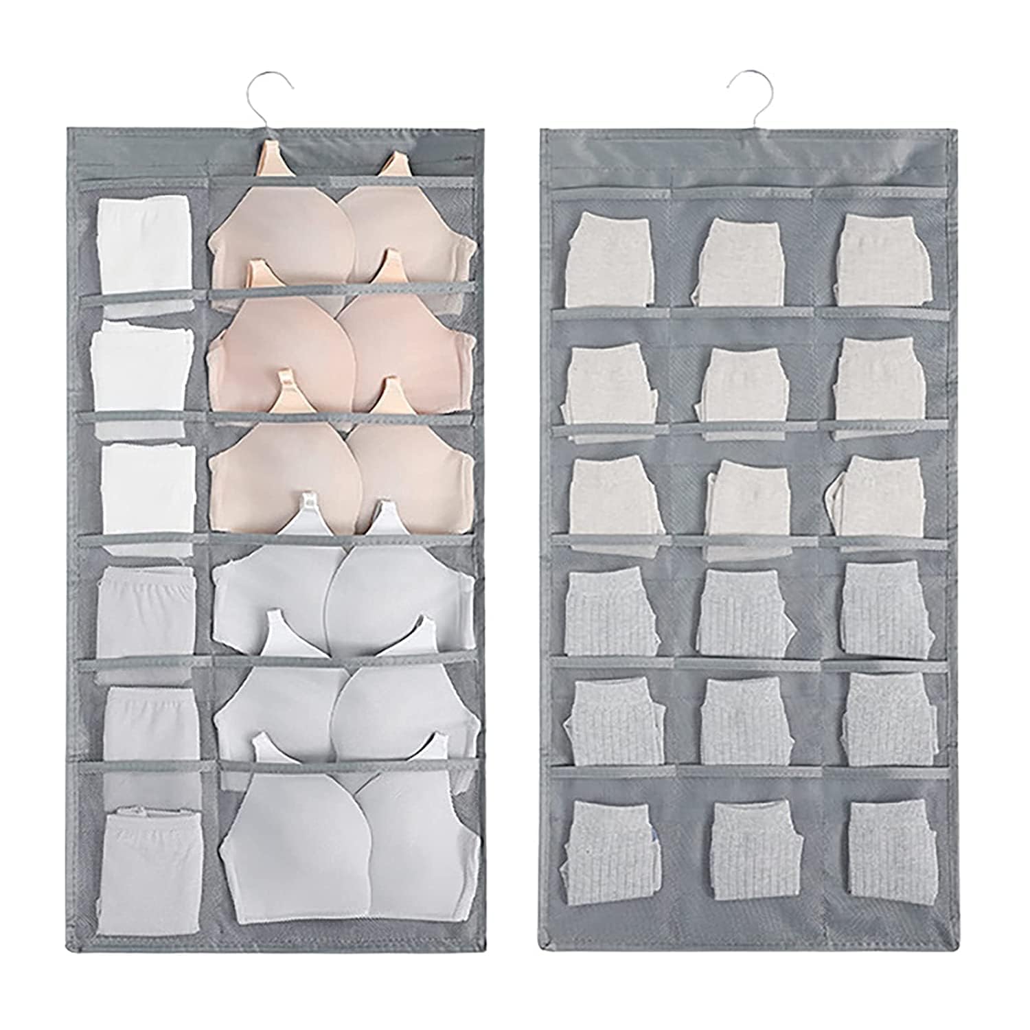 MBW Closet Hanging Organizer with Mesh Pockets & Rotating Metal Hanger, Dual Sided Wall Shelf Wardrobe Storage Bags, Cloth Space Saver Bag for Bra Underwear Socks (Light Grey, 36 Pocket) (Pack of 6)