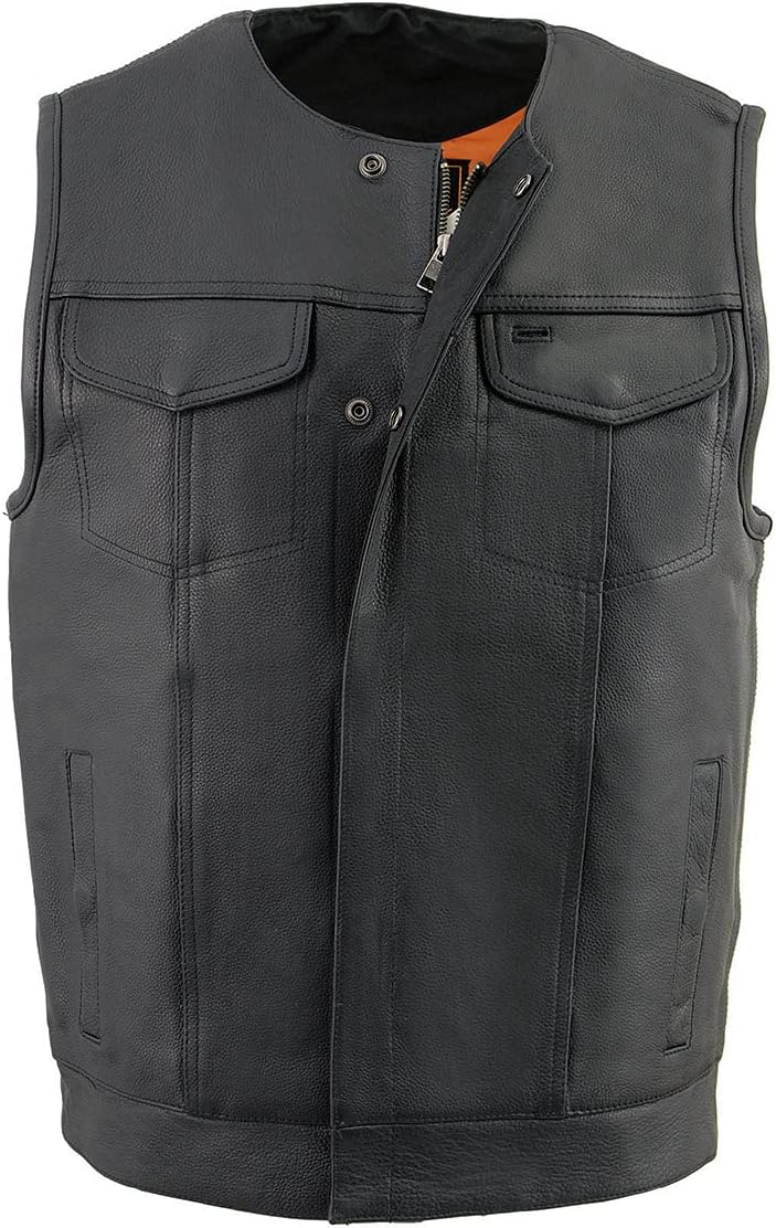 Milwaukee Leather MLM3511 Men's Black Collarless Snap/Zipper Club Style Motorcycle Leather Vest - Image 8