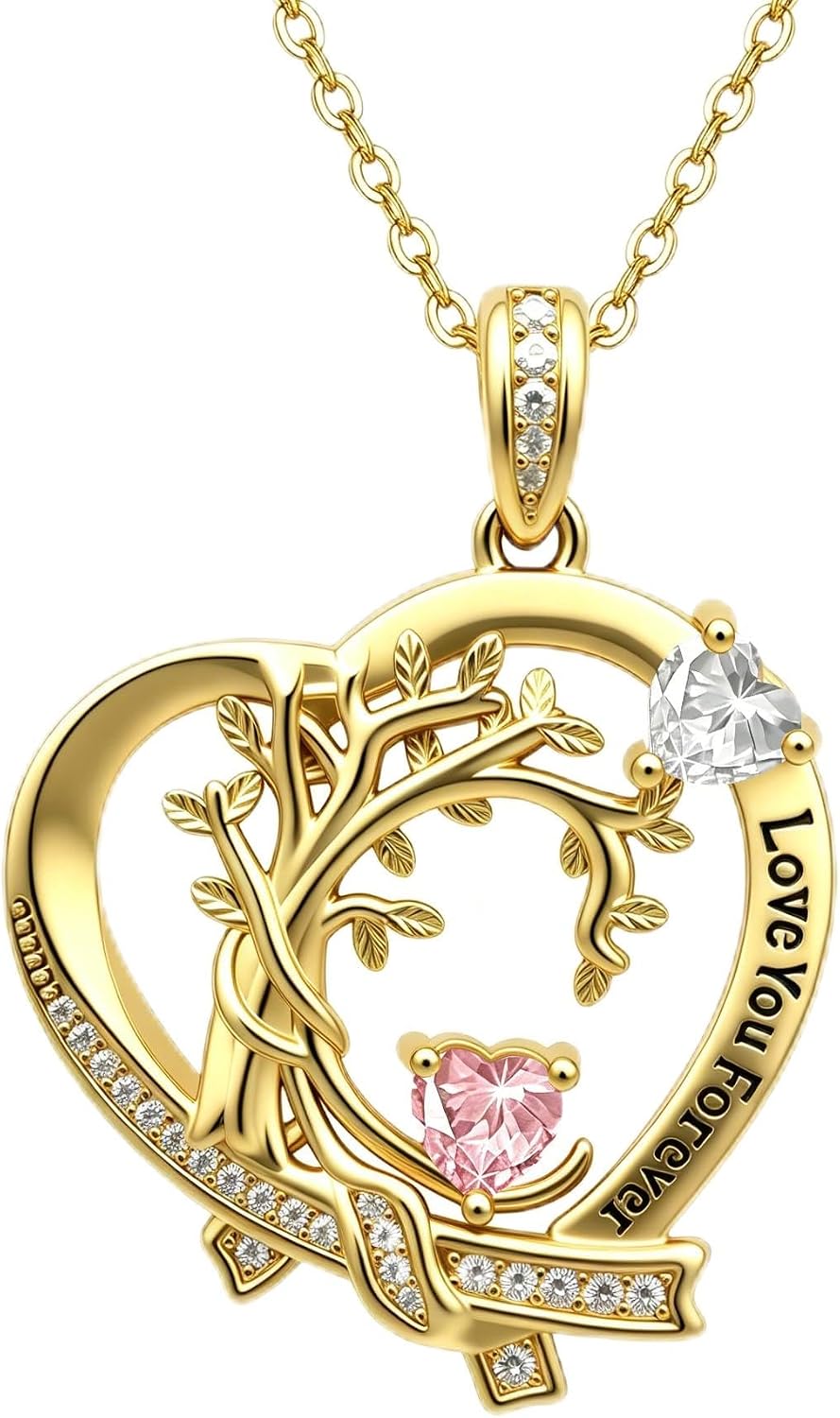 HeartMelody Lady Heart-shaped Tree of Life Necklace, 18K gold plated with engraved words "Always Love You" pendant, paired with cubic zirconia, exquisite family tree jewelry, romantic Valentine's Day and birthday gift, suitable for wives, mothers, girlfriends to give
