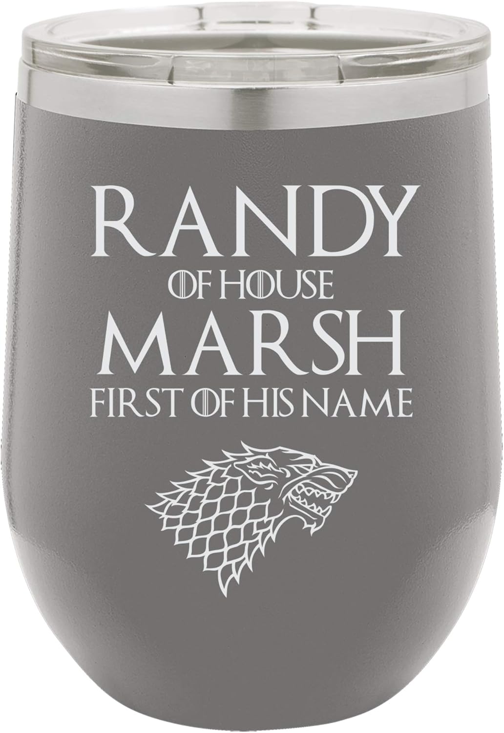 "Randy of House Marsh, First of His Name" Funny TV Cartoon Design Engraved Insulated Stainless Steel Wine Tumbler, 12 Oz., Grey