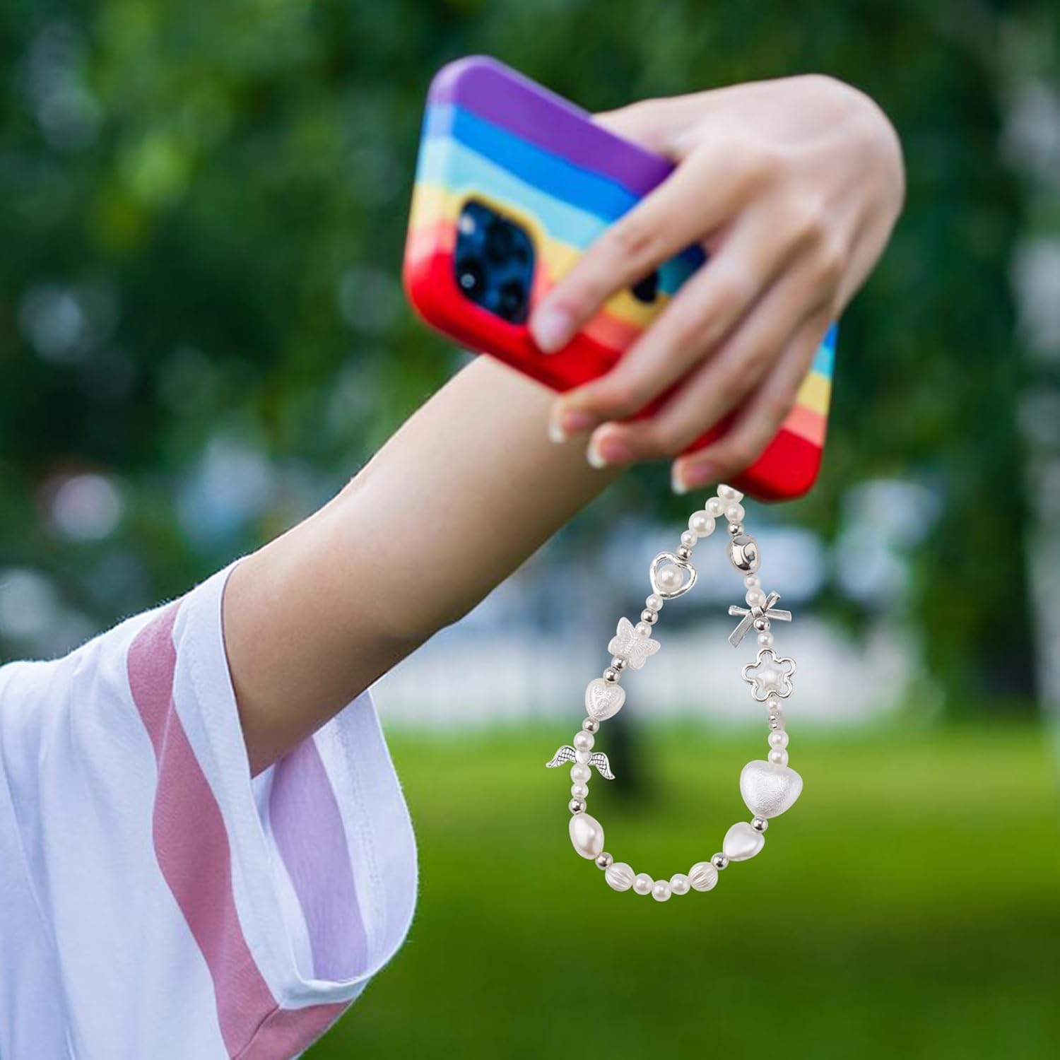 Y2K Bracelet with Keychain Charm Pearl Phone Hanging Rope Chain Beaded Phone Keychain