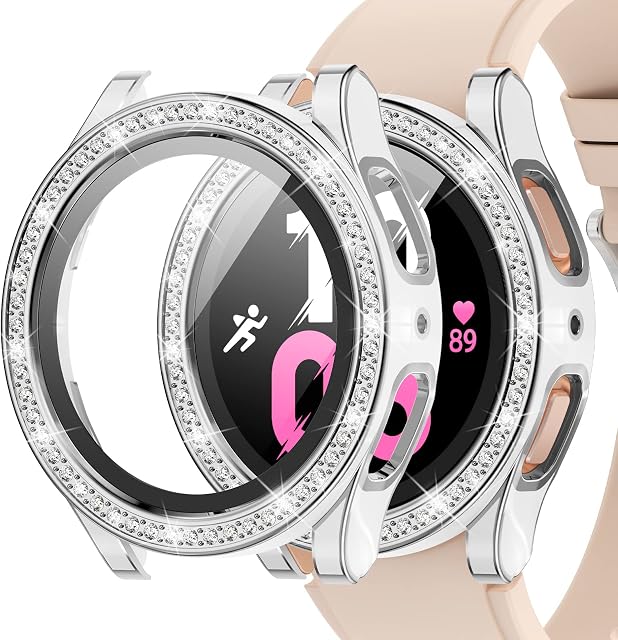 Kamita Błyszczące diamenty etui do Samsung Galaxy Watch 5/Watch 4 40 mm, twarde etui ochronne z poliwęglanu (PC), z folią ochronną na wyświetlacz ze szkła hartowanego, ochrona wyświetlacza Bling Cover