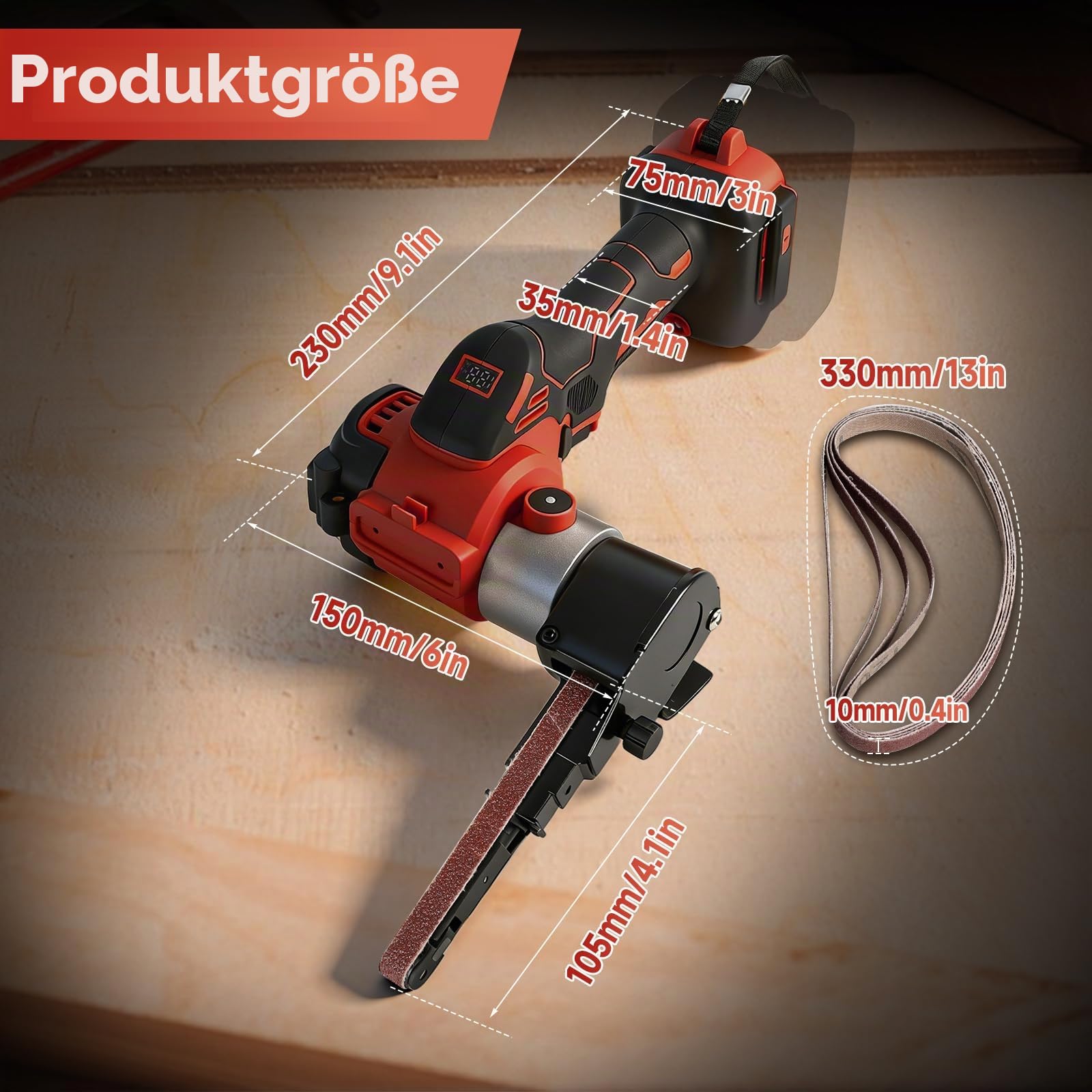 Akku-Bandschleifer Kompatibel mit Milwaukee M18 Akku, 0-13000RPM 360° Einstellbarer Bürstenloser Bandschleifer mit 20 Schleifband für Holz Metall Kunststoff (Rot für Milwaukee)