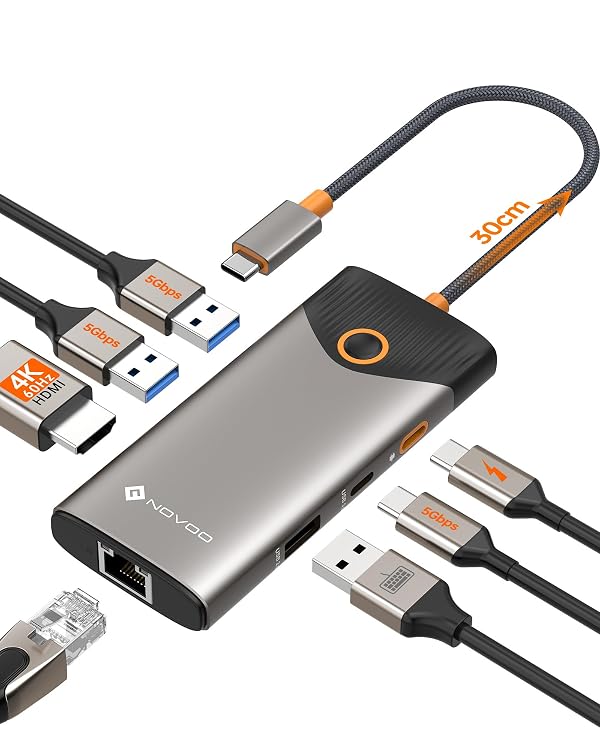 NOVOO USB C Hub Ethernet 4K@60 USB C HDMI Adapter Multiport Type C Adapter, 100W PD, 5Gbps USB-A/C Data Ports Docking Station Compatible for MacBook/iPhone/Dell/HP/Surface by NOVOO - Used condition - US$19.79