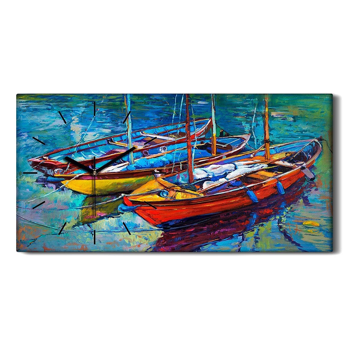 Art mural salon avec cette horloge paysage de lac et bateaux de mer 60x30cm