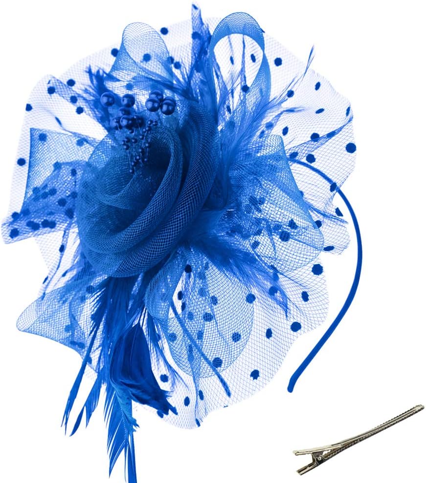 DRESHOW Fascinators Hat Flower Mesh Ribbons Feathers on a Headband and a Clip Tea Party Headwear for Girls and Women