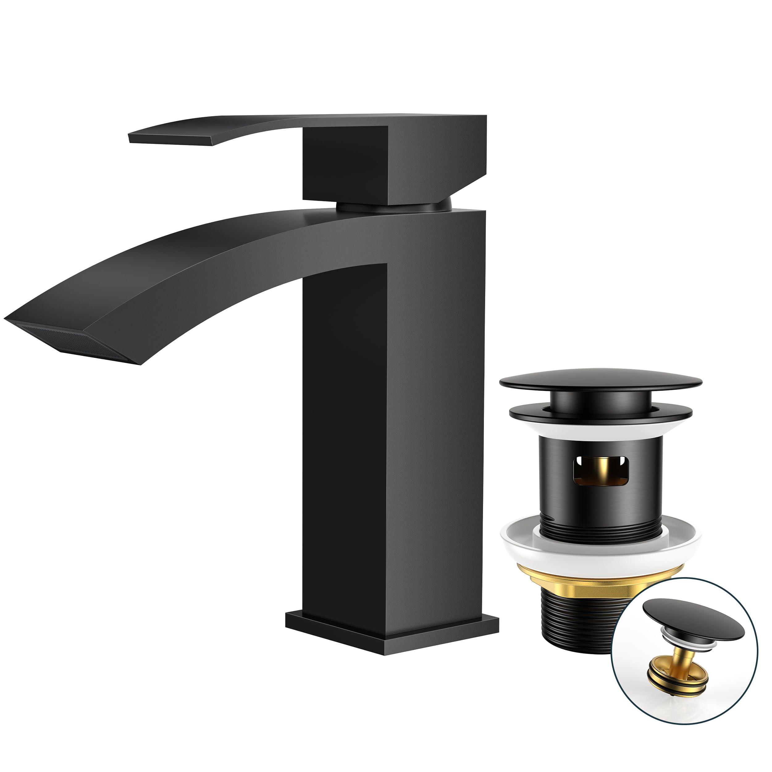 FORIOUS Grifo Lavabo Negro con Vaciador Push-open, Grifo Monomando Cascada para Baño, Altura de Pico 100 mm, Diseño Boca de Grifo Tipo Rejilla, Ahorro de Agua