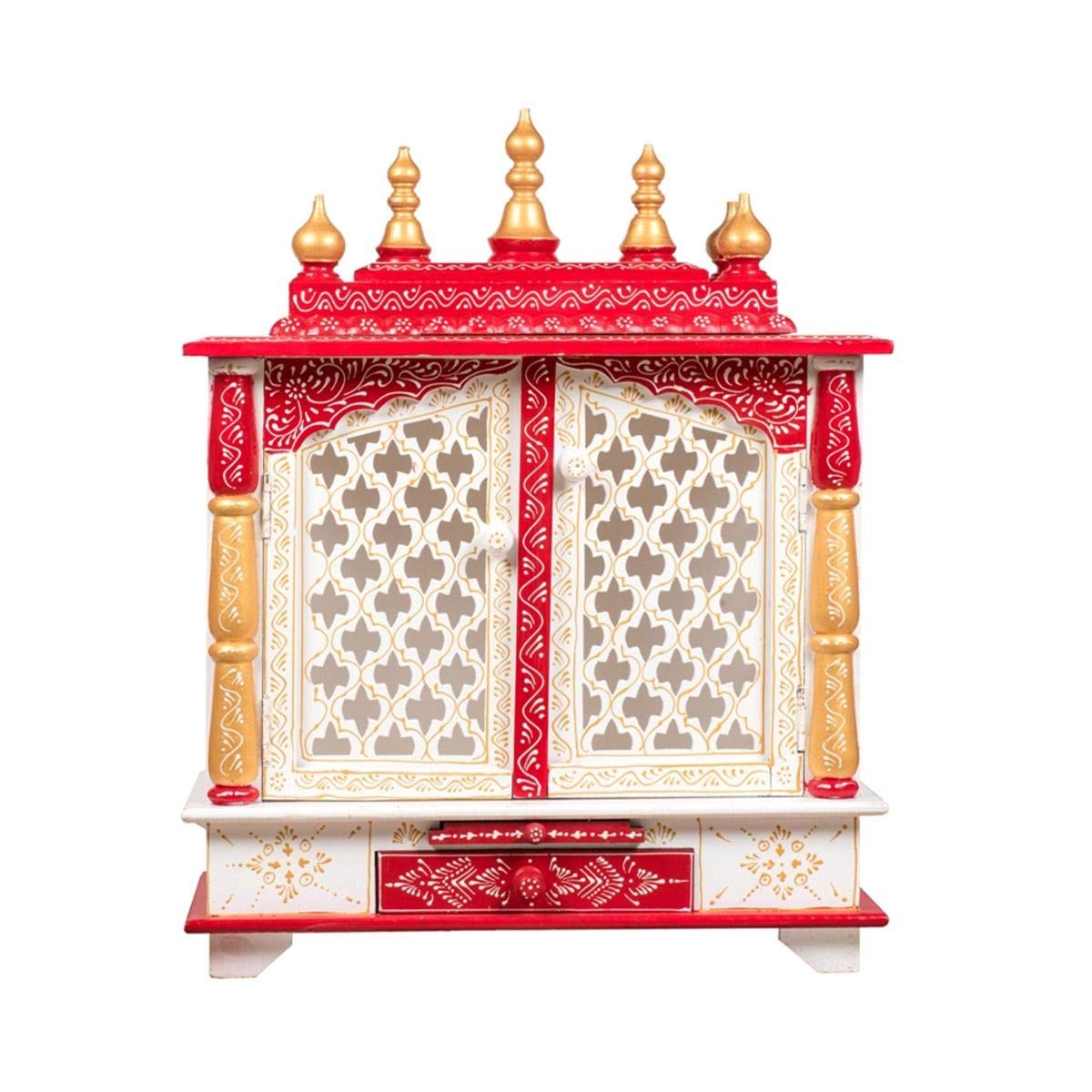 Mandir de madera de pooja con acabados artesanales en rojo y blanco Modfash