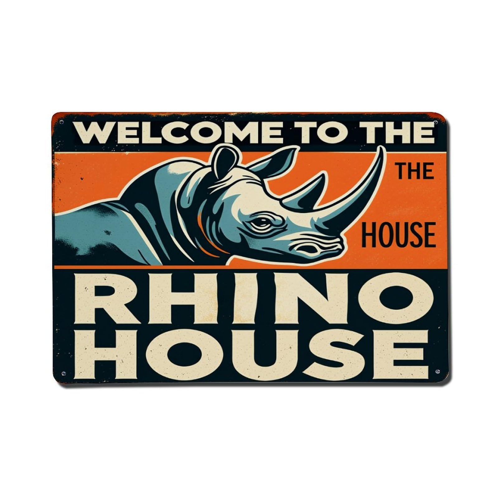 Rhino Head Orange Background Text Tin Sign Vintage Metal Poster, Home Bar Garage Man Cave Cafe Indoor & Outdoor Wall Decoration 8x12Inches